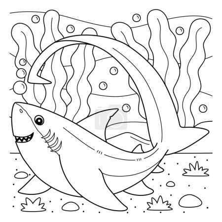 Ilustración de Una página para colorear lindo y divertido de un tiburón trillador. Proporciona horas de diversión para colorear para los niños. Para colorear, esta página es muy fácil. Apto para niños pequeños y niños pequeños. - Imagen libre de derechos