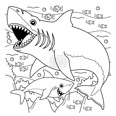 Illustration for A cute and funny coloring page of a Megalodon Shark. Provides hours of coloring fun for children. To color, this page is very easy. Suitable for little kids and toddlers. - Royalty Free Image