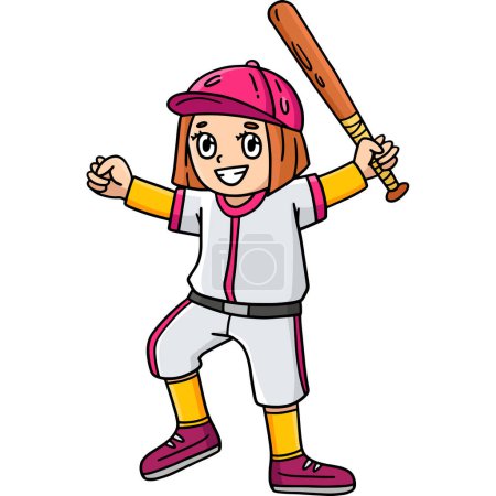 Ce clipart de dessin animé montre une fille jouant à l'illustration de baseball.