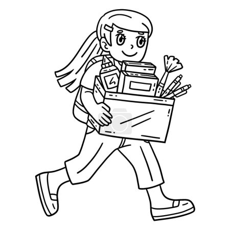 A cute and funny coloring page of a Child with a box of school supplies. Provides hours of coloring fun for children. To color, this page is very easy. Suitable for little kids and toddlers.