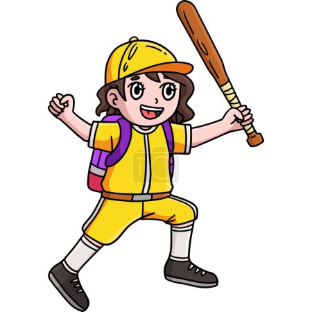 Ce clipart de bande dessinée montre une fille avec un sac d'école et une illustration de batte de baseball.