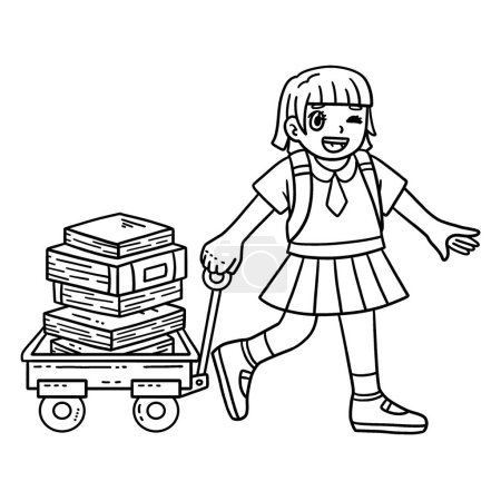 A cute and funny coloring page of a First Day of School Child with Trolley Books. Provides hours of coloring fun for children. To color, this page is very easy. Suitable for little kids and toddlers.