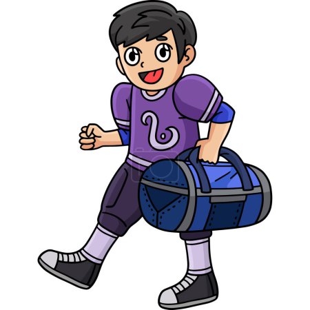 Ilustración de Este clipart de dibujos animados muestra a un jugador de fútbol americano con una ilustración de bolsa de deportes. - Imagen libre de derechos