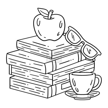 A cute and funny coloring page of a School Textbook, Apple, and Coffee. Provides hours of coloring fun for children. To color, this page is very easy. Suitable for little kids and toddlers.