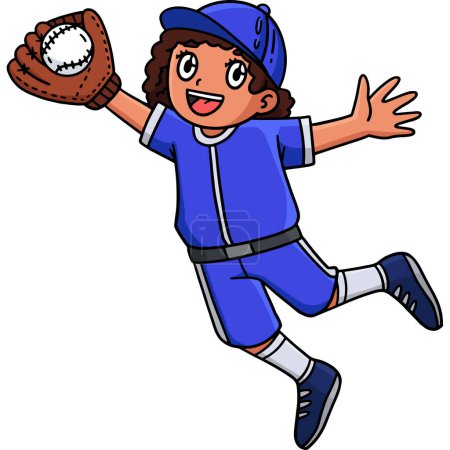 Este clipart de dibujos animados muestra una ilustración de Girl Fielder Catching Baseball.
