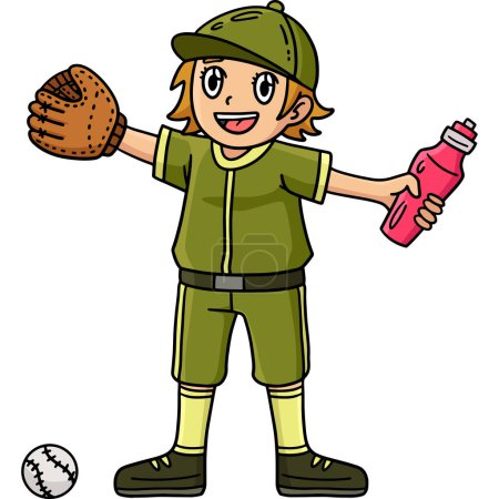Cette clipart de dessin animé montre une fille de baseball avec une illustration de bouteille d'eau.