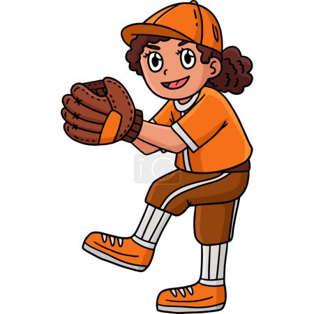 Ce clipart de bande dessinée montre une illustration de baseball de lancement de fille.