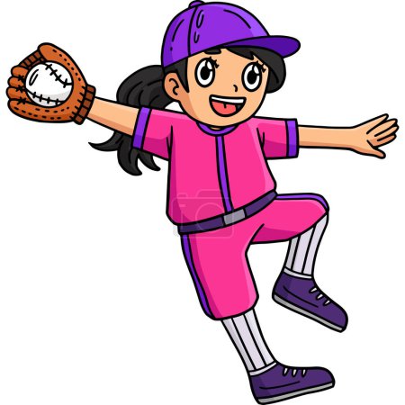 Ce clipart de bande dessinée montre une illustration de fille attrapant Baseball.