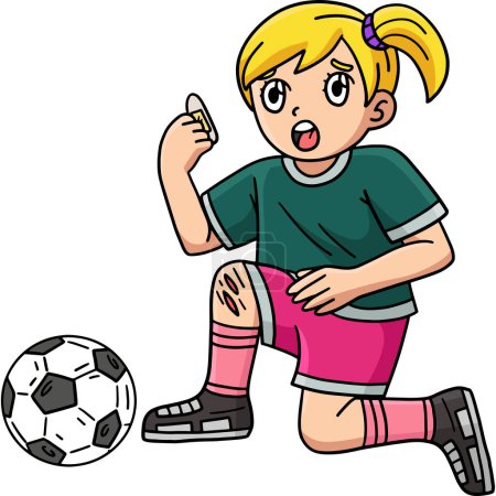 This cartoon clipart shows a Girl with a Soccer Ball Injured Knee illustration.