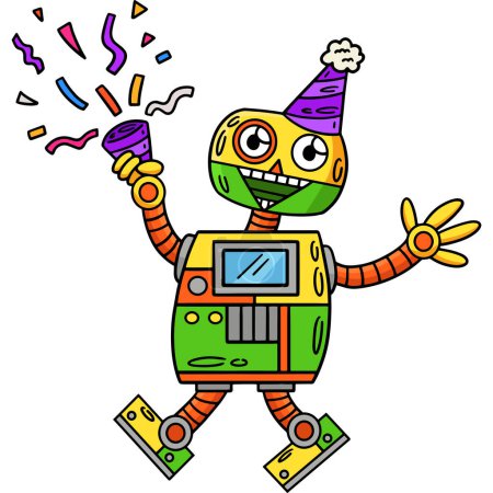 Dieser Cartoon-Clip zeigt einen Roboter mit Partyhut und Konfetti-Illustration.