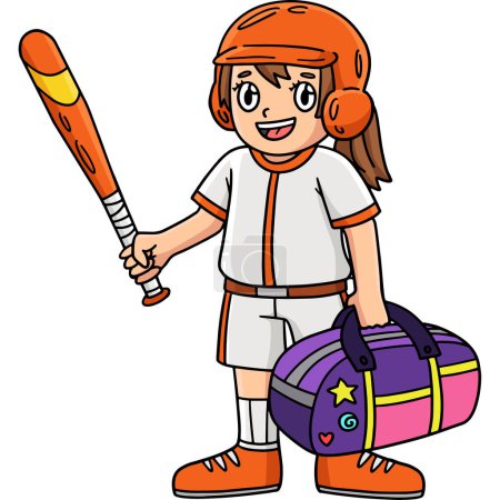 This cartoon clipart shows a Girl with a Sports Bag and a Baseball Bat illustration.