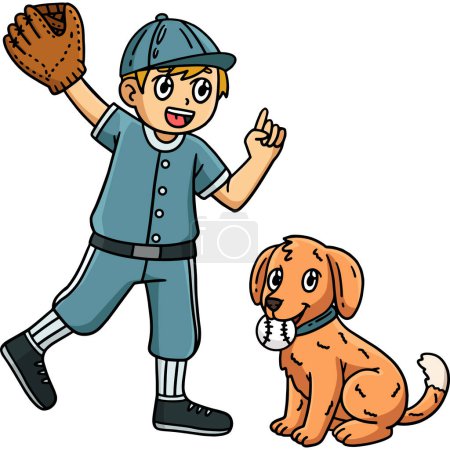 Ce clipart de bande dessinée montre un garçon et un chien mordant une illustration de baseball.
