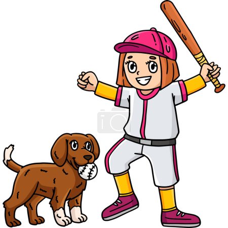 This cartoon clipart shows a Girl Playing Baseball with a Dog illustration.