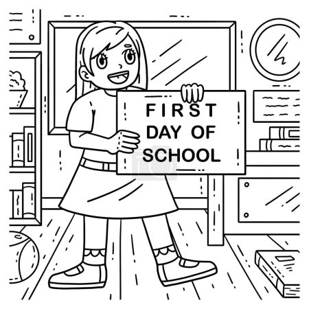 A cute and funny coloring page of a First Day of School Child with a Banner Provides hours of coloring fun for children. To color, this page is very easy. Suitable for little kids and toddlers.