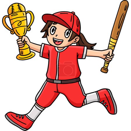 Ce clipart de bande dessinée montre une fille tenant une batte de baseball et une illustration Trophée.