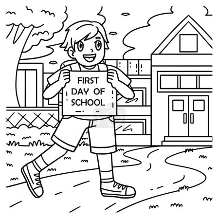 A cute and funny coloring page of a First Day of School Child with a Sign. Provides hours of coloring fun for children. To color, this page is very easy. Suitable for little kids and toddlers.