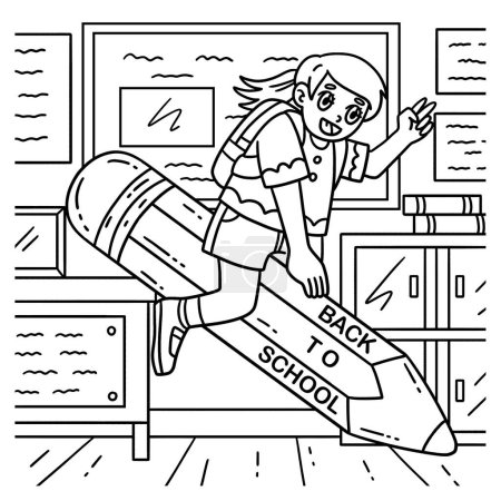 A cute and funny coloring page of a First Day of School Child on Giant Pencil. Provides hours of coloring fun for children. To color, this page is very easy. Suitable for little kids and toddlers.