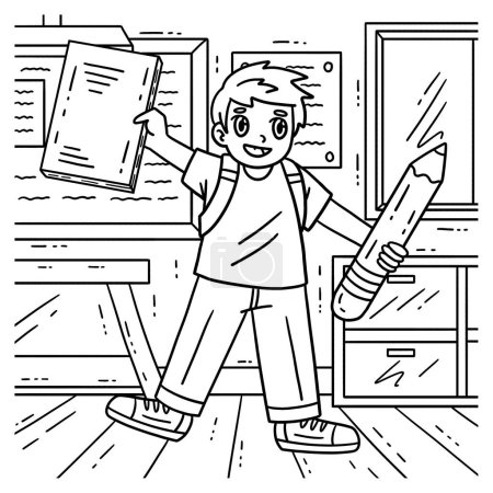 A cute and funny coloring page of a Child with a big notebook and pencil. Provides hours of coloring fun for children. To color, this page is very easy. Suitable for little kids and toddlers.