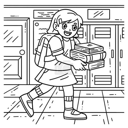 A cute and funny coloring page of a First Day of School Child Carrying Text Books. Provides hours of coloring fun for children. To color, this page is very easy. Suitable for little kids and toddlers.