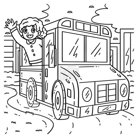 A cute and funny coloring page of a First Day of School Child In School Bus. Provides hours of coloring fun for children. To color, this page is very easy. Suitable for little kids and toddlers.