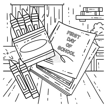 A cute and funny coloring page of a First Day of School Crayons and Notebooks. Provides hours of coloring fun for children. To color, this page is very easy. Suitable for little kids and toddlers.