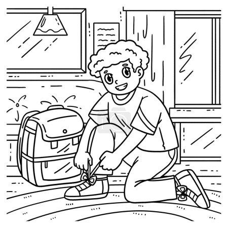 A cute and funny coloring page of a Child Putting on School Shoes. Provides hours of coloring fun for children. To color, this page is very easy. Suitable for little kids and toddlers.
