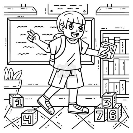 A cute and funny coloring page of a First Day of School Child with Number Blocks. Provides hours of coloring fun for children. To color, this page is very easy. Suitable for little kids and toddlers.