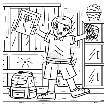 A cute and funny coloring page of a Child with new School Supplies and a Bag. Provides hours of coloring fun for children. To color, this page is very easy. Suitable for little kids and toddlers.