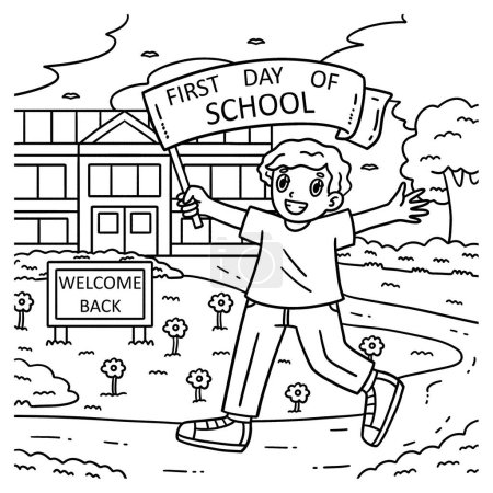 A cute and funny coloring page of a Child with a First Day of School Banner. Provides hours of coloring fun for children. To color, this page is very easy. Suitable for little kids and toddlers.