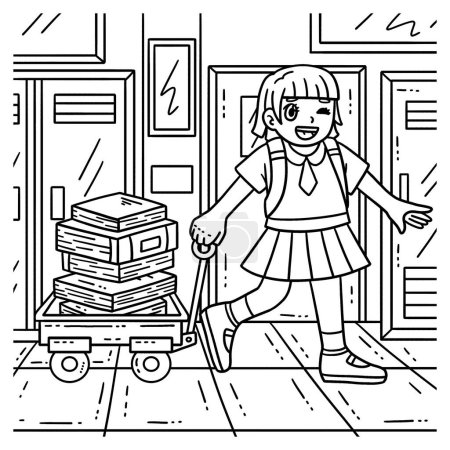 A cute and funny coloring page of a Child with a Trolley of Books. Provides hours of coloring fun for children. To color, this page is very easy. Suitable for little kids and toddlers.
