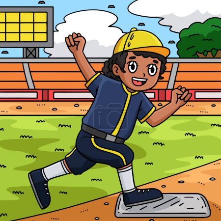 Ce clipart de bande dessinée montre une illustration de Baseball Girl Reaching Base.