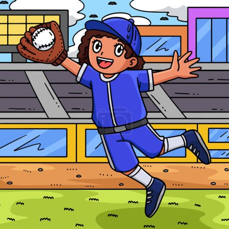 Dieses Cartoon-Cliparts zeigt ein Mädchen Fielder Catching Baseball Illustration.