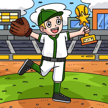 Ce clipart de bande dessinée montre un garçon avec une illustration de trophée de baseball.
