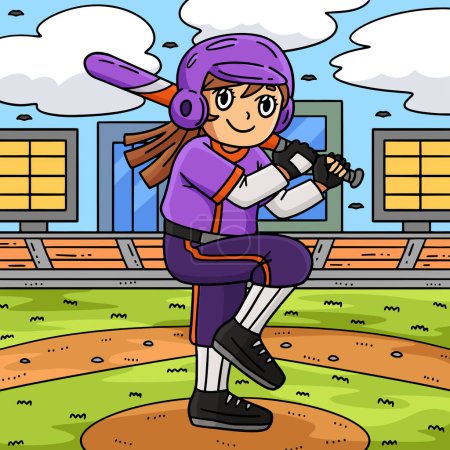 Illustration for This cartoon clipart shows a Girl Bracing a Baseball Bat illustration. - Royalty Free Image
