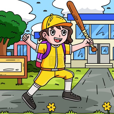 Este clipart de dibujos animados muestra una niña con una bolsa de escuela y una ilustración de murciélago de béisbol.