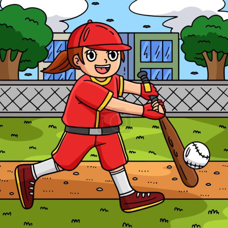 Ce clipart de bande dessinée montre une fille frappant une illustration de baseball.