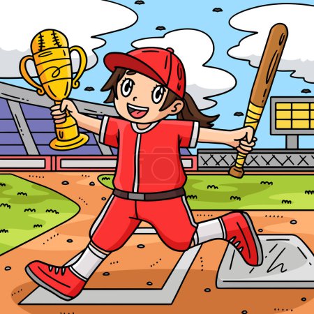 This cartoon clipart shows a Girl Holding a Baseball Bat and Trophy illustration.