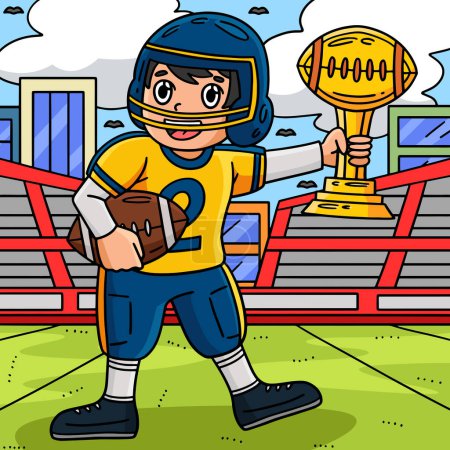 Ilustración de Este clipart de dibujos animados muestra a un jugador de fútbol americano con una ilustración de trofeo. - Imagen libre de derechos