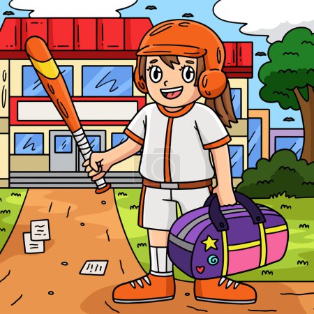 This cartoon clipart shows a Girl with a Sports Bag and a Baseball Bat illustration.