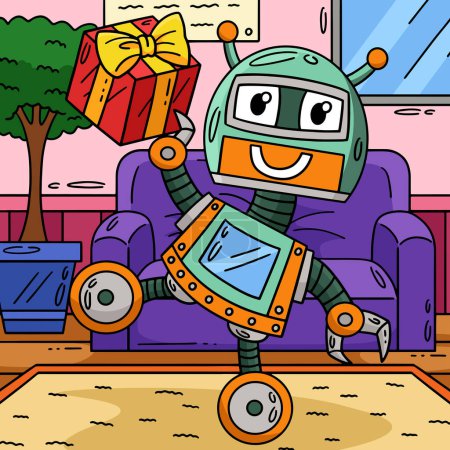 Este clipart de dibujos animados muestra un robot con una ilustración presente.