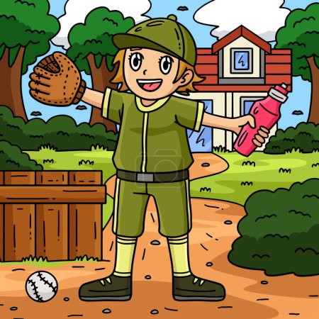 Este clipart de dibujos animados muestra una chica de béisbol con una ilustración de botella de agua.