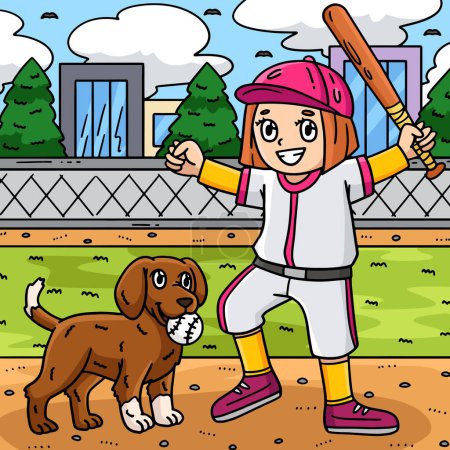 This cartoon clipart shows a Girl Playing Baseball with a Dog illustration.