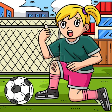 This cartoon clipart shows a Girl with a Soccer Ball Injured Knee illustration.
