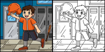Diese Malseite zeigt einen Jungen mit Baseballhelm. Eine Seite dieser Illustration ist farbig und dient Kindern als Inspiration. 