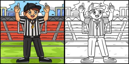 Ilustración de Esta página para colorear muestra un árbitro de fútbol americano. Un lado de esta ilustración es de color y sirve como inspiración para los niños. - Imagen libre de derechos