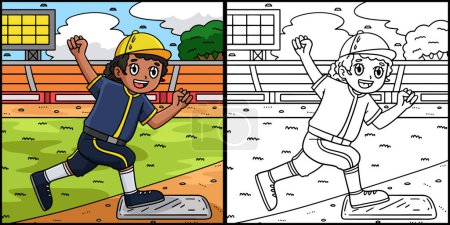 Diese Malseite zeigt ein Baseball Girl Reaching Base. Eine Seite dieser Illustration ist farbig und dient Kindern als Inspiration. 