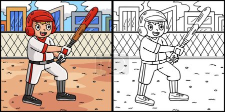 Diese Malseite zeigt einen Jungen, der Baseball spielt. Eine Seite dieser Illustration ist farbig und dient Kindern als Inspiration. 