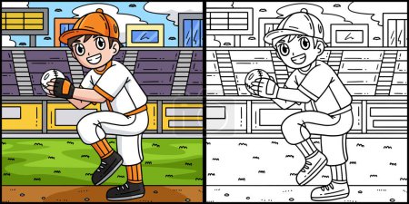 Cette page à colorier montre un garçon lanceur de baseball. Un côté de cette illustration est coloré et sert d'inspiration pour les enfants. 