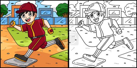 Diese Malseite zeigt einen Baseballjungen, der seine Basis erreicht. Eine Seite dieser Illustration ist farbig und dient Kindern als Inspiration. 