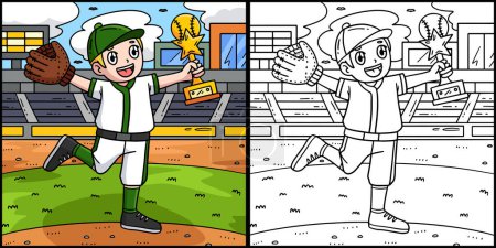 Cette page à colorier montre un garçon avec un trophée de baseball. Un côté de cette illustration est coloré et sert d'inspiration pour les enfants. 
